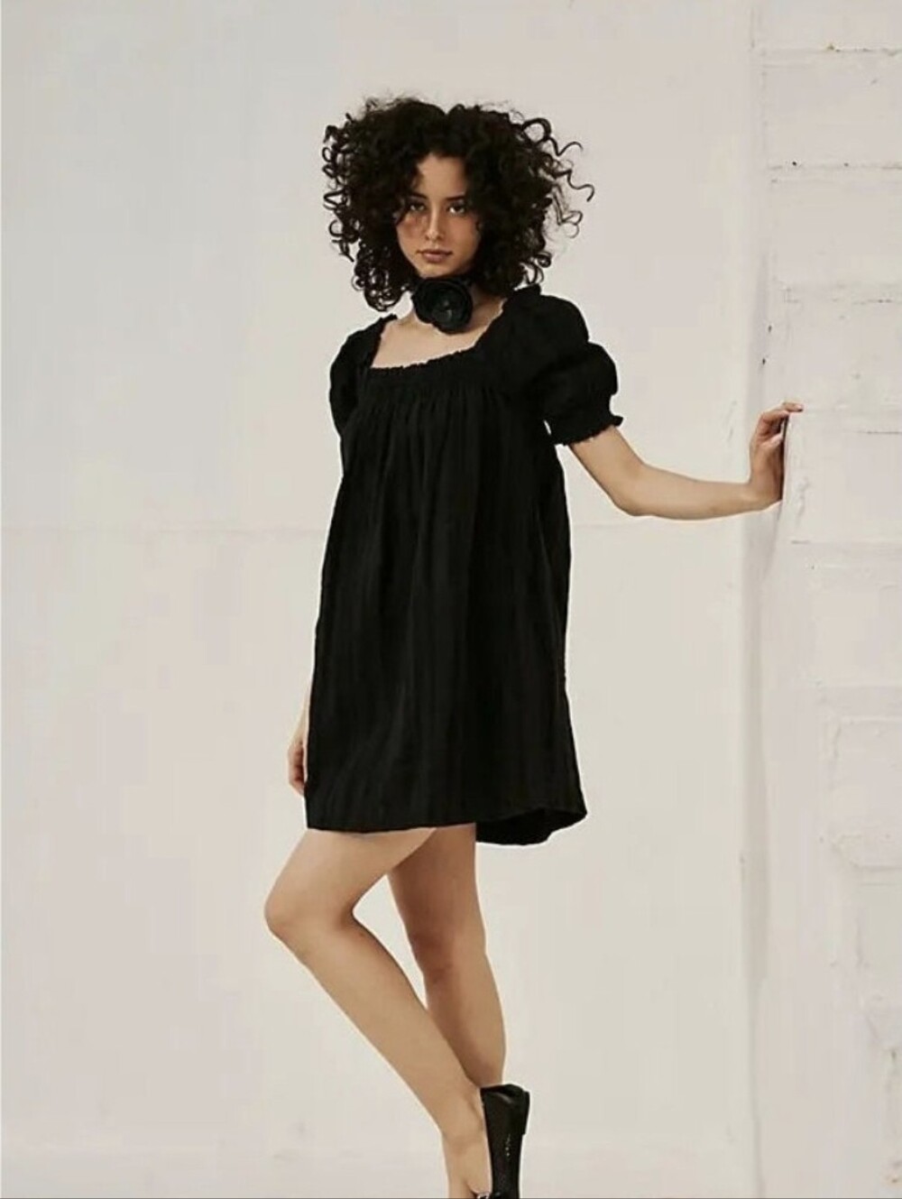 Free People Mila Mini Dress Smocked Puff Sleeve Strip Shift Black M New wTags